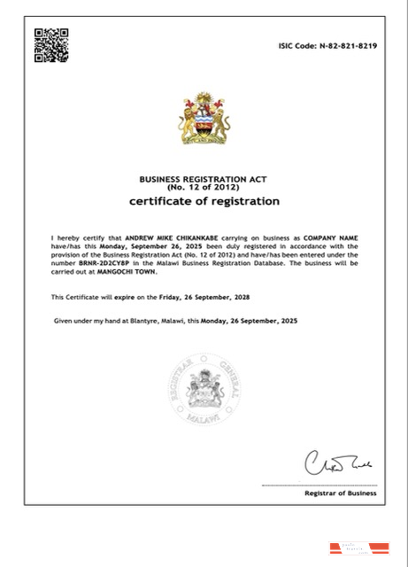 Malawi certificate of registration Word and PDF template